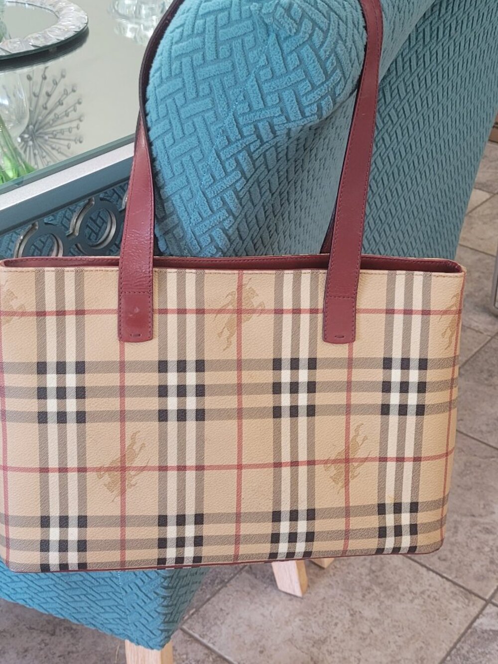 Burberry** Nova Check**Tote**with Red Leather Straps**No Cracking In The Canvas - Picture 17 of 17